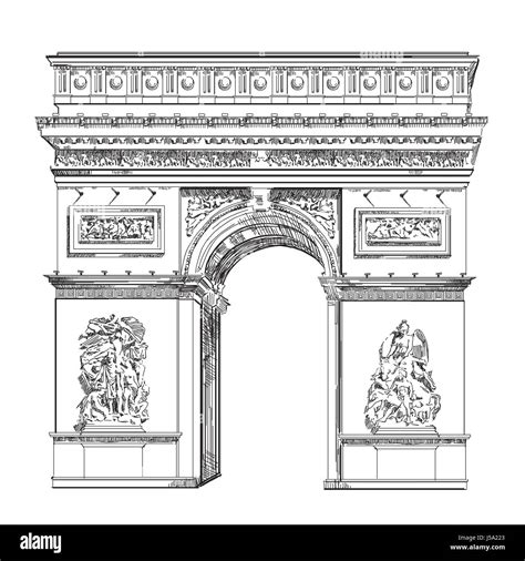 Triumphal Arch (Landmark of Paris, France) vector isolated hand drawing illustration in black ...