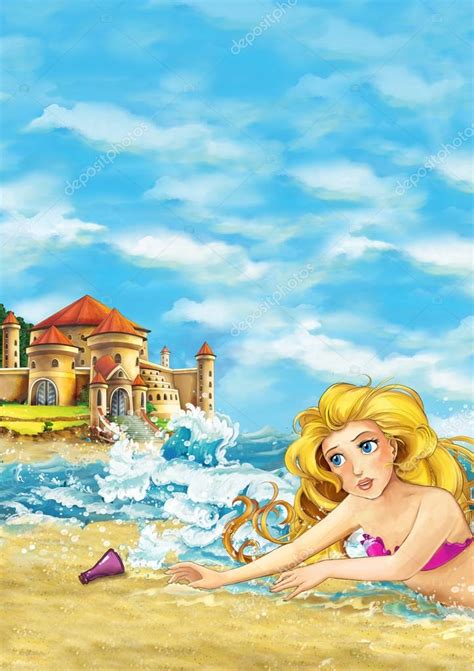 Cartoon scene of beautiful mermaid on the beach - illustration for ...