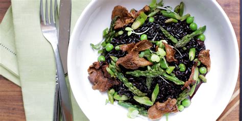 Black Rice Risotto with Peas, Asparagus & Mushrooms - Andrew Zimmern