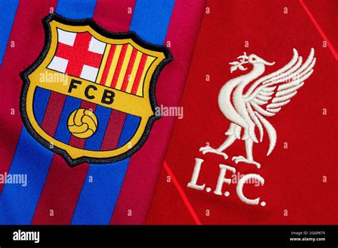 Close up of Barcelona & Liverpool FC club crest Stock Photo - Alamy