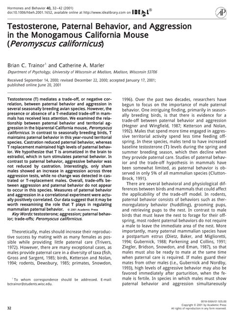 Full article: Testosterone, Paternal Behavior, and Aggression in the ...