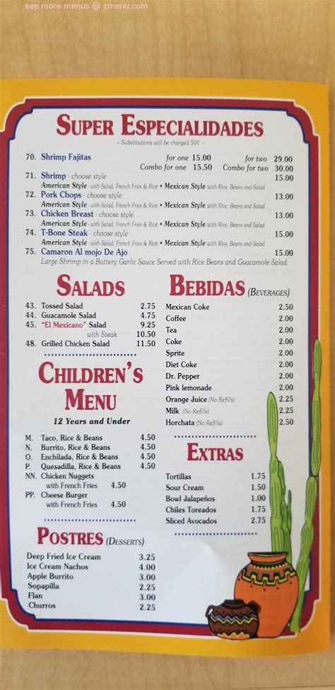 Menu at El Mexicano restaurant, LaPlace