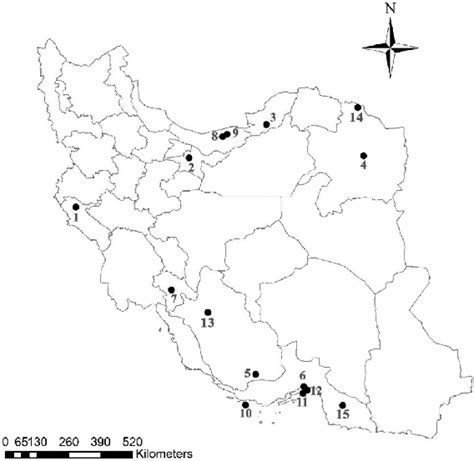 Geographical distribution map of Loxosceles rufescens in Iran. 1: Ilam ...