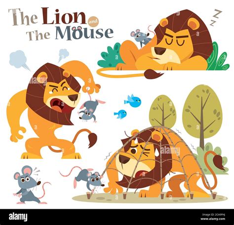 Vector Illustration of Cartoon The Lion and the Mouse. Fairy fable tale characters Stock Vector ...