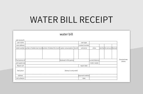 Water Bill Receipt Excel Template And Google Sheets File For Free Download - Slidesdocs