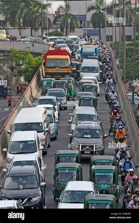 A long queue of vehicles was seen standing in the Tejgaon industrial area, Dhaka, Bangladesh ...