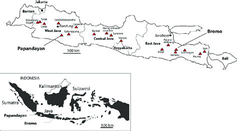 Java island with its 18 active volcanoes. The target volcanoes ...