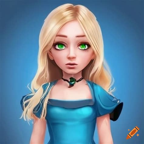Blonde character with green eyes in blue dress and black boots on Craiyon
