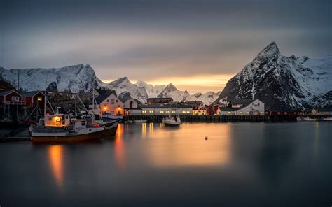 Pictures Lofoten Norway Hamnoy village Winter Mountains 3840x2400