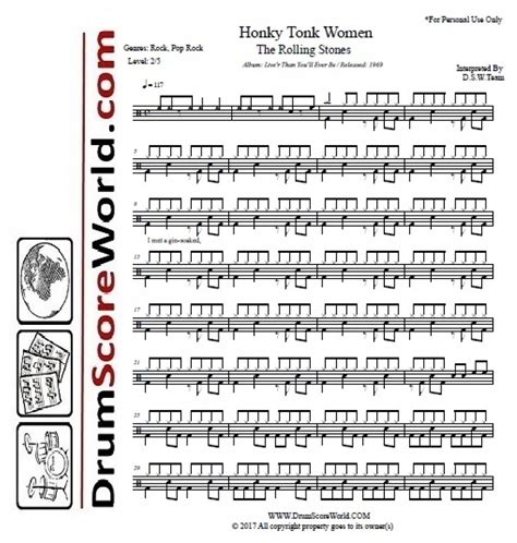 Rolling Stones - Honky Tonk Woman - Drum Sheet - Drum Score - Drum Note ...