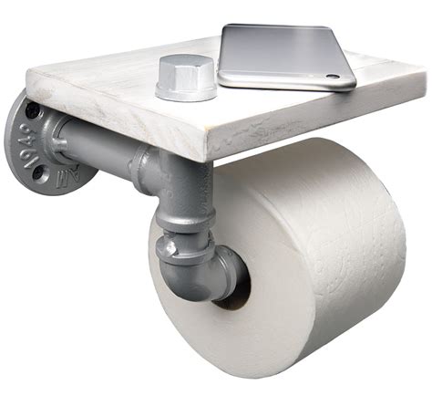 Industrial Toilet Paper Holder With Rustic Wooden Shelf And Cast Iron Pipe (White) - Excello ...