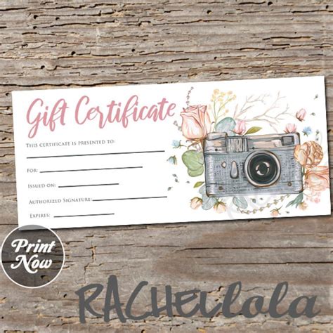 Printable Photography Gift Certificate Template, Photo Session Voucher ...