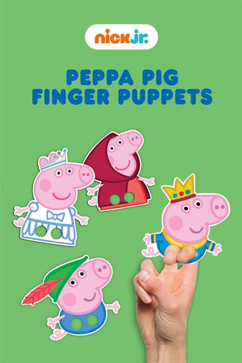 the peppa pig finger puppets are being held up in front of a green background