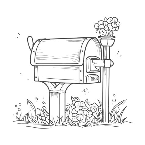 Drawing Of A Mailbox With Flowers And Grass Outline Sketch Vector, Mailbox Drawing, Mailbox ...