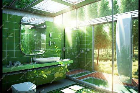 Premium Photo | Transparent green eco friendly bathroom with solar panels on walls and benches