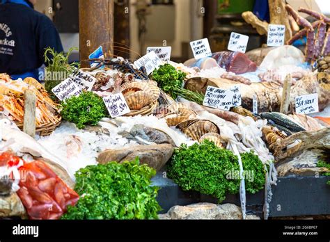 Seafood and fish at Furness Fish Markets stall at Borough Market, London Bridge, London, UK ...