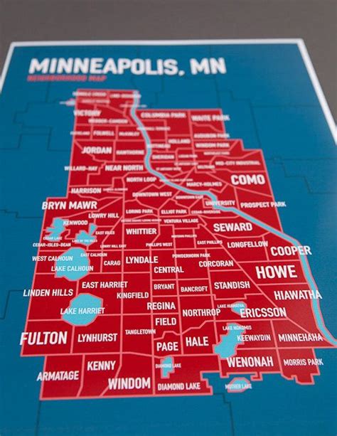 13x19 Minneapolis neighborhood map in blue & red : wall art | Etsy | Minneapolis neighborhoods ...