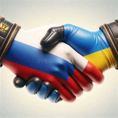 Handshake of Two Hands in the Colors of the Flag of Russia and Ukraine. Symbol of Reconciliation ...