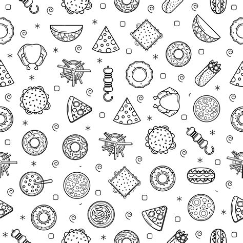 Doodle abstrato sem costura padrão desenhado à mão elementos de fast food tacos pizza sanduíche ...