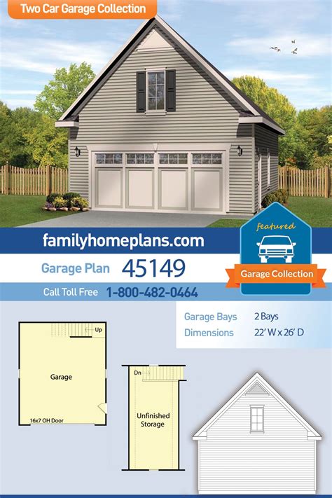 Plan 45149 | Garage - Traditional Two Car Garage Plan with 1 Double Bay and a Storage Loft Above ...