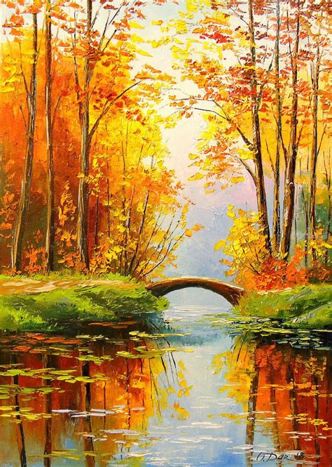 Bridge in the autumn forest, Paintings, Impressionism, Botanical ...