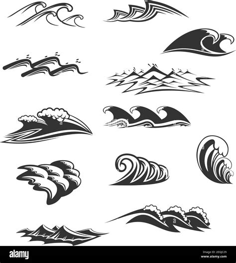 Ocean waves signs black and white colors isolated on white background. Vector set with sea waves ...