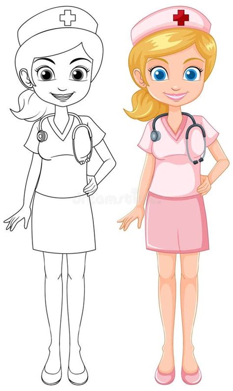 Nurse in Uniform, Colored and Line Art Stock Vector - Illustration of ...