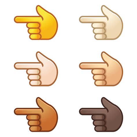 Different mood emoji. Emotional index finger pointing left emoji hand set of various skin ...