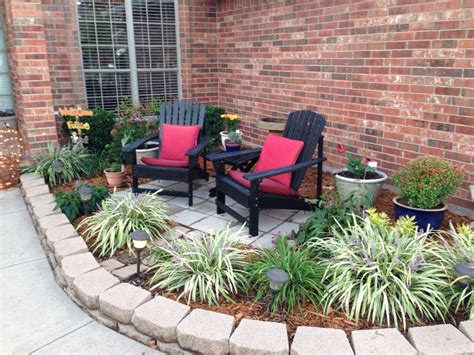 Pavers in flower bed seating area. | Front yard patio, Backyard landscaping, Farmhouse landscaping