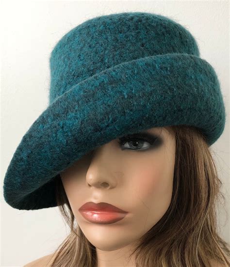 Womens Felt Hat Teal Rolled Brim Hat Handmade Felted Hat | Etsy