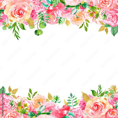 Watercolor spring floral border with blush pink flowers, green and ...