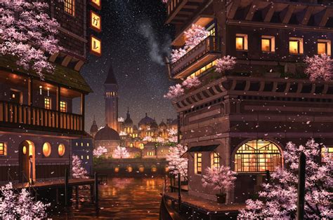 Download 2560x1700 Anime City, Sakura Blossom, Night, Buildings, Lights, Stars, River Wallpapers ...