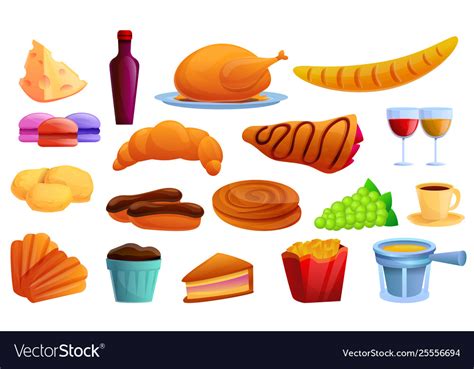 French food icons set cartoon style Royalty Free Vector