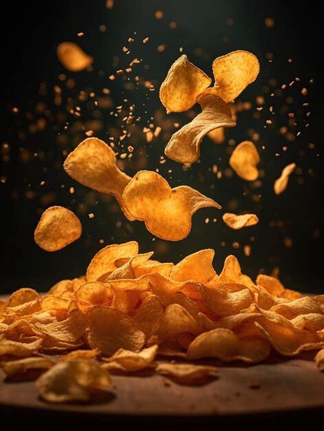 Premium AI Image | Tossed potato chips on table flying in air Freeze frame photography