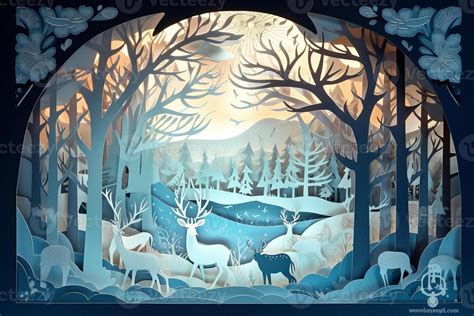 Fairy tale, Christmas scene, winter window, wonderland, paper cut craft, paper illustration ...