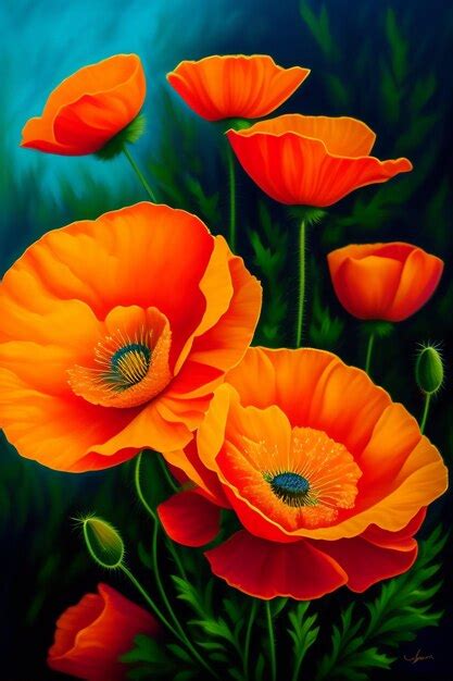 Premium AI Image | A painting of an orange poppy with green leaves.