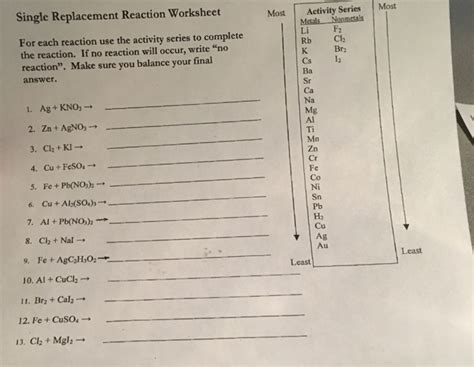 Solved Single Replacement Reaction Worksheet Most Activity | Chegg.com