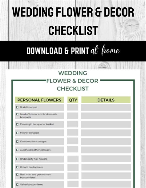 Wedding Flower & Decor Checklist Green - Etsy Canada | Decor checklist ...