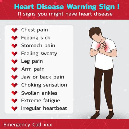 11 Heart Disease Warning Sign Infographic With Adult Man Who Has Chest Pain In Disease Symptoms ...