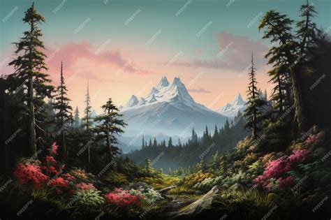 Premium AI Image | A painting of a forest with a mountain in the background