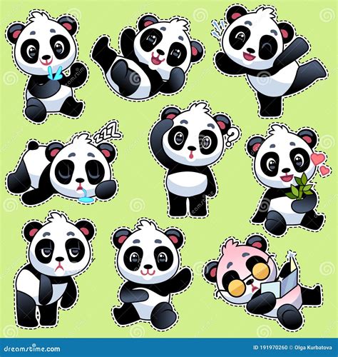 Set of Stickers with Cute Pandas. Cute Asian Adorable Bears in ...