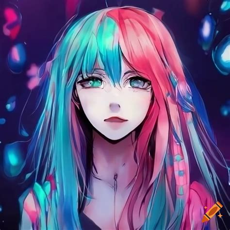 Colourful anime girl with long blue hair