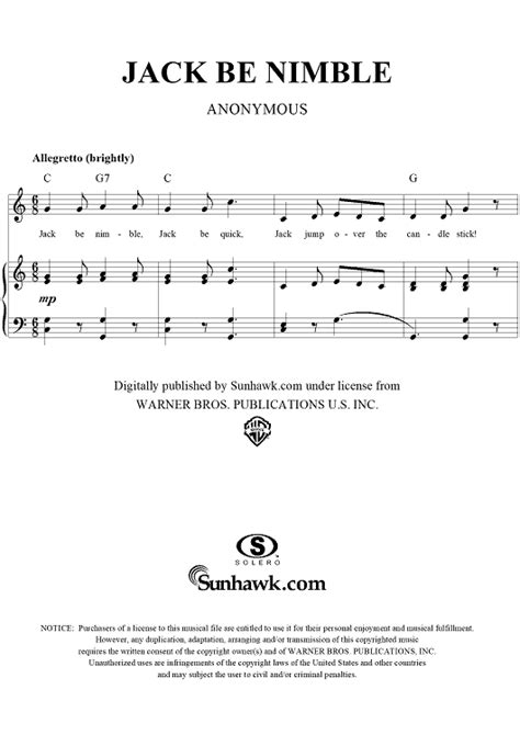 Jack Be Nimble" Sheet Music for Piano/Vocal/Chords - Sheet Music Now