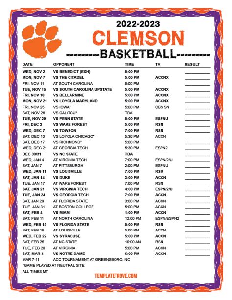 Printable 2022-2023 Clemson Tigers Basketball Schedule