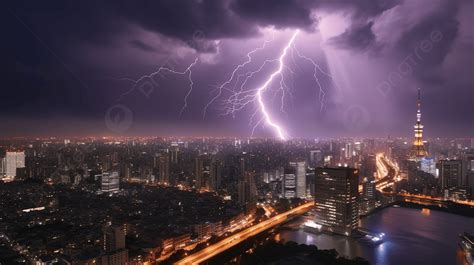 Lightning Lightning Over City Skyline During Heavy Storms Background, Thunder In The City, Hd ...