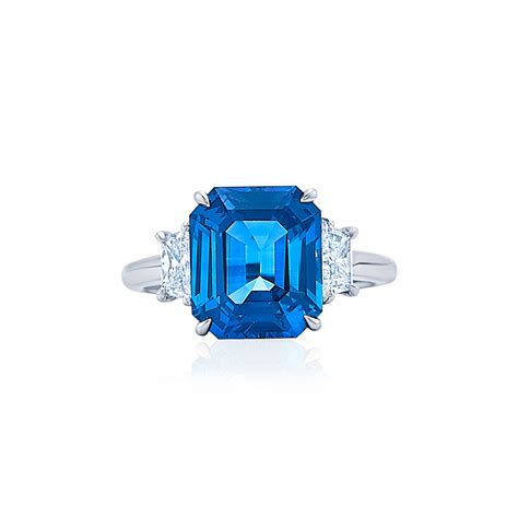 Emerald Cut Sapphire Engagement Ring with Two Brilliant Cut Trapezoid ...