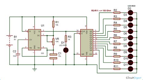 LED Chaser Circuit Diagram using IC 555 and CD 4017