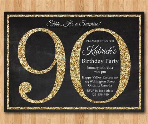 90th birthday invitation. Gold Glitter Birthday Party invite.