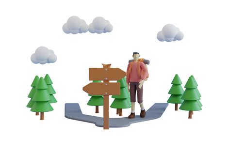 3d illustration of tourist with backpacks walk through the forest. hiking activities. 3d ...