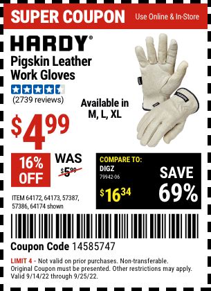 HARDY Pigskin Leather Work Gloves for $4.99 – Harbor Freight Coupons